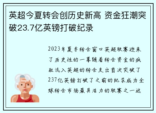 英超今夏转会创历史新高 资金狂潮突破23.7亿英镑打破纪录