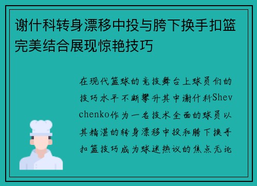 谢什科转身漂移中投与胯下换手扣篮完美结合展现惊艳技巧